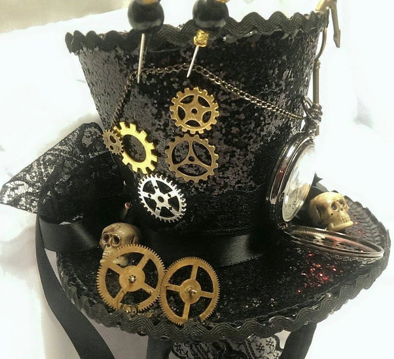 Steampunk Time Halloween Gothic Cosplay Black Mini Top Hat Real Pocket Watch Clocks Wheels Keys Skulls Rose Alice Through The Looking Glass image 2