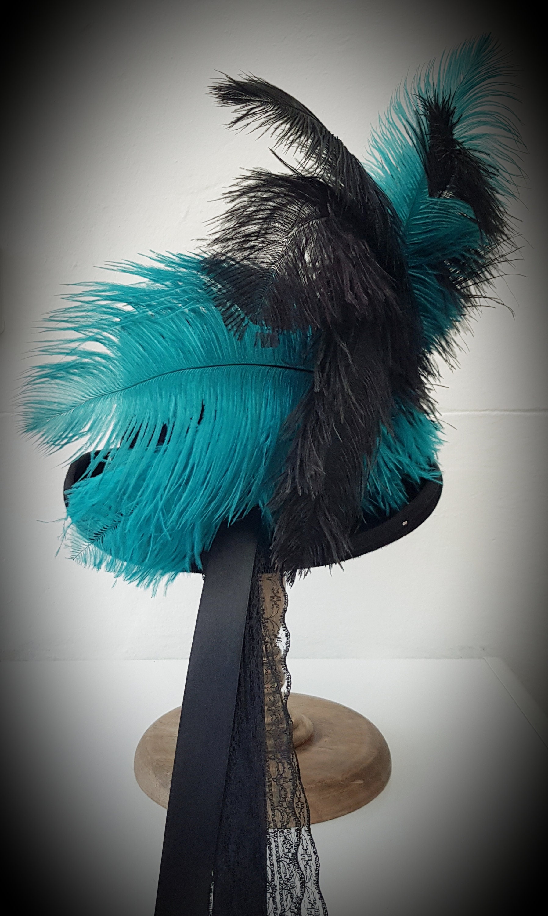 Stevie Nicks Inspired 100% Wool Black Top Hat Peacock Blue  display picture 2