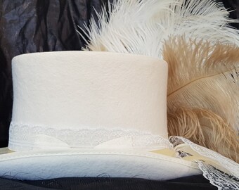 White hat roll top lace bottom Parisian inspired Stevie Nicks Inspired White Top Hat 100% Wool BELLADONA  main image 3