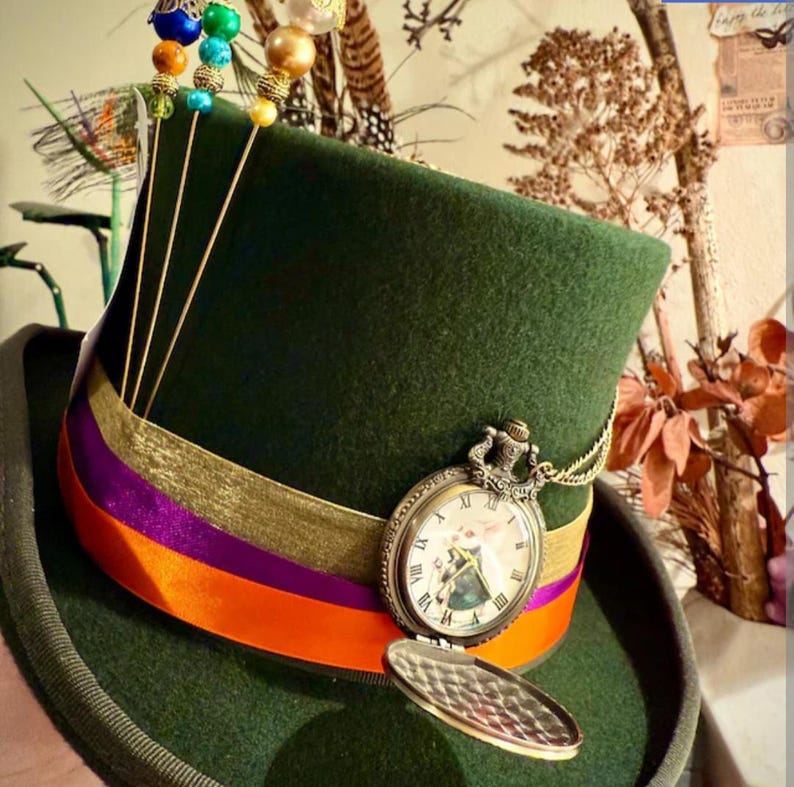 Mad Hatter Top Hat Green 100% Wool Alice in Wonderland image 2