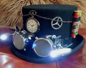 Steampunk Top Hat Black 100% Wool Light up Goggles Burning Man Festivals Cosplay Halloween