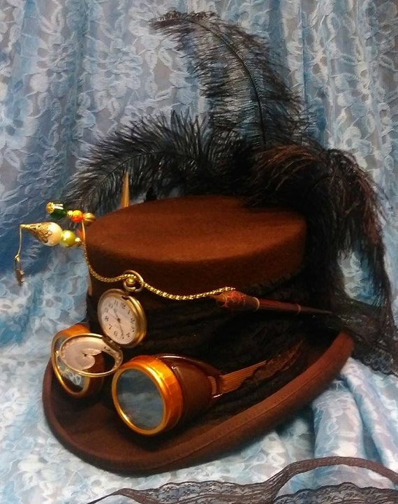 Steampunk brown hat with chain,lace bow and feathers. Steampunk Brown Top Hat with Peacock Feather and Gears main image 4