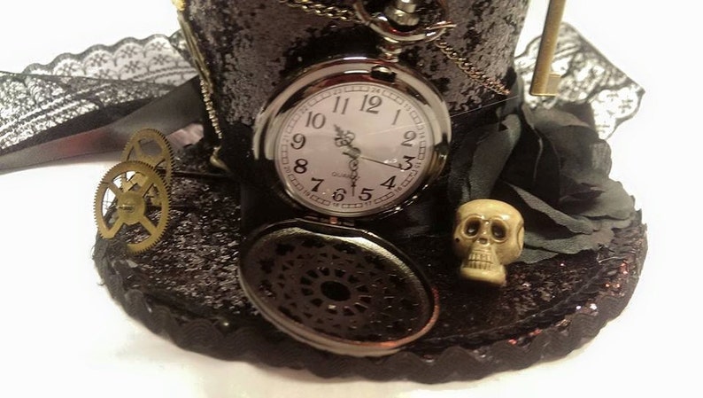 Steampunk Time Halloween Gothic Cosplay Black Mini Top Hat Real Pocket Watch Clocks Wheels Keys Skulls Rose Alice Through The Looking Glass image 3