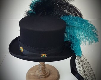Stevie Nicks Inspired 100% Wool Black Top Hat Peacock Blue