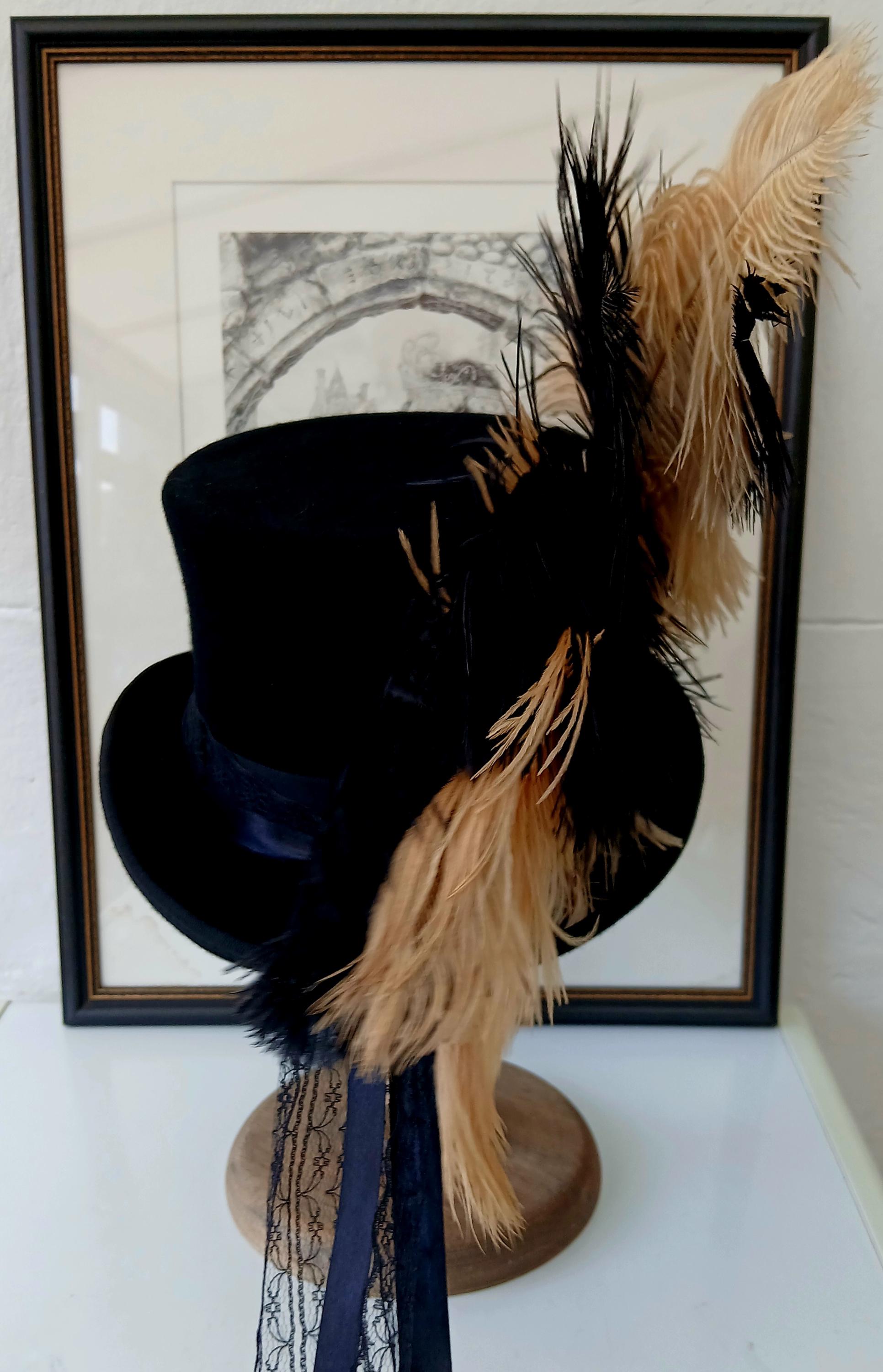 Scala Collezione Black Felt Mini Top Hat Fascinator with Feathers: “Stevie Nicks Stevie Nicks Inspired Top Hat 100% Wool Black Red WILD HEART  main image 2