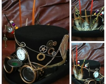 Sombrero de copa Steampunk Western Festival, negro, 100 % lana, reloj de bolsillo, gafas, reloj de pie, manecillas, ruedas, tarjetas, minipistola y funda, llave para cosplay