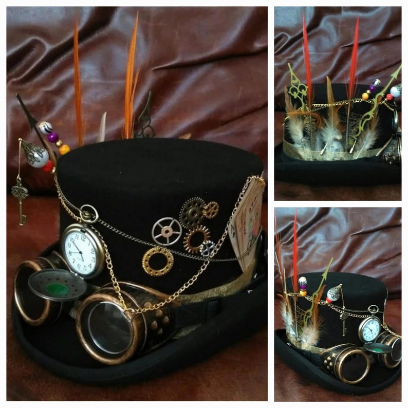 Steampunk Western Festival Black 100% Wool Top Hat Pocket Watch Goggles Grandfather Clock Hands Wheels Cards Mini Gun & Holster Key Cosplay image 1