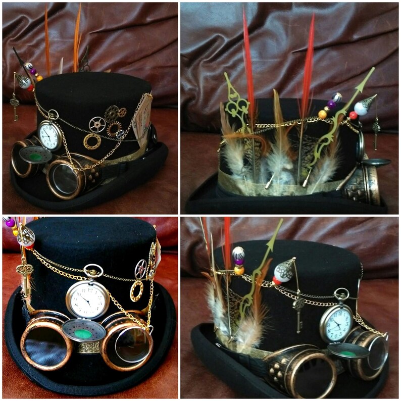 May include: Three black top hats with various steampunk embellishments, including gears, chains, feathers, keys, and goggles. Each hat has a different design and color scheme.
