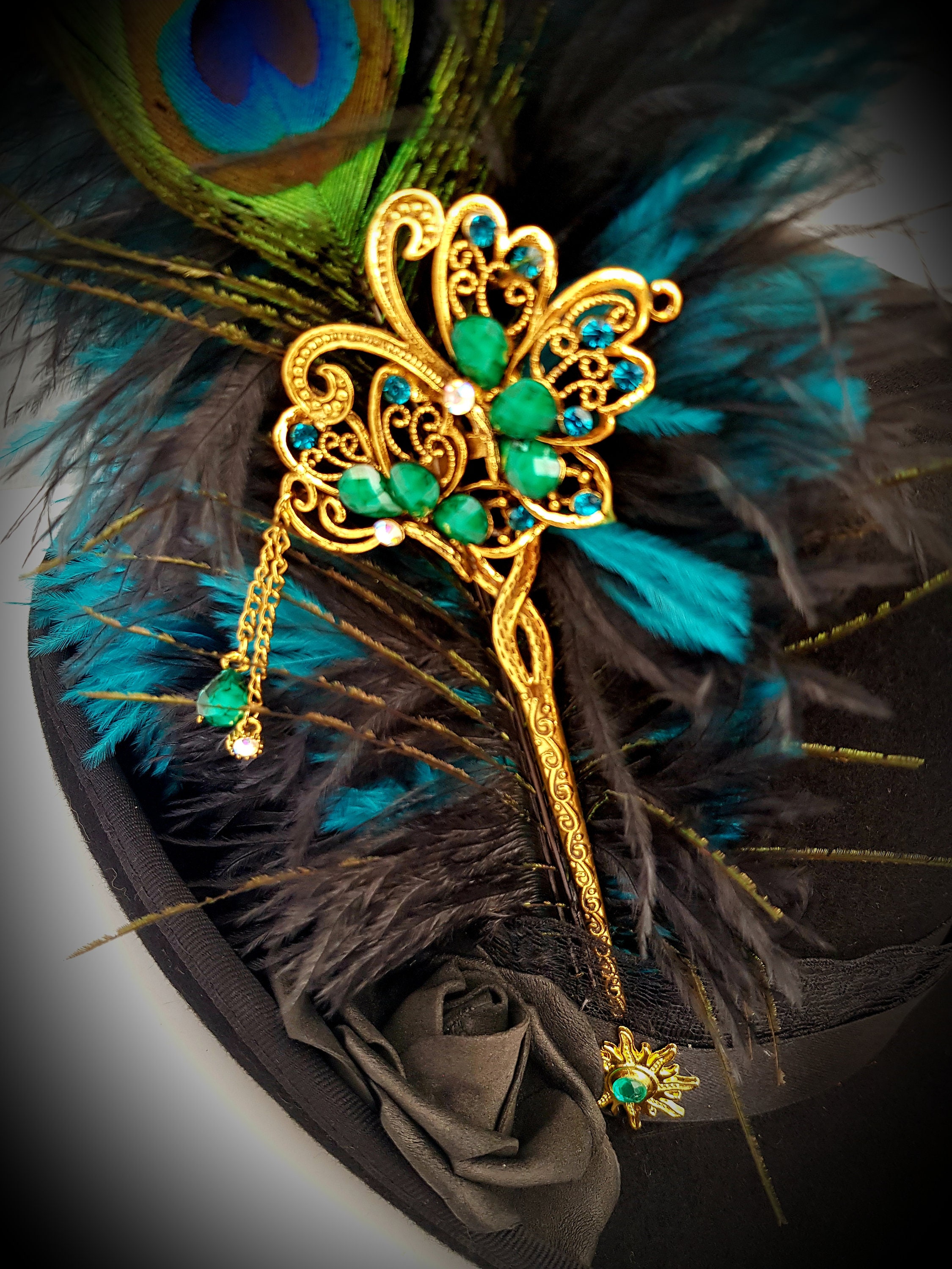 Stevie Nicks Inspired 100% Wool Black Top Hat Peacock Blue  display picture 1
