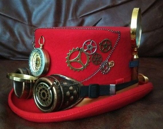 Steampunk Top Hat 100% Wool Red Victorian Festivals Cosplay Goggles Magnifying Glass Clock Wheels Compass Hourglass Monocle Time