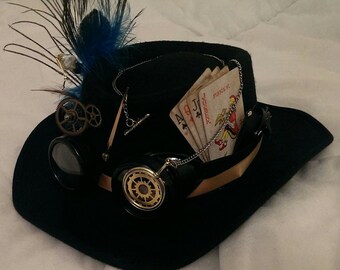 Steampunk Festival Western Gambler op maat gemaakte wol / vilt zwarte hoed handgemaakte bril pistool Holster speelkaarten klokken burning man cosplay