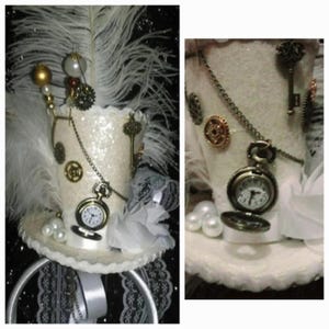 Reloj de bolsillo Steampunk con mini sombrero de copa blanco, ruedas, llave, perlas, rosa, Sombrerero Loco, fiesta de té, cosplay, festivales. imagen 1