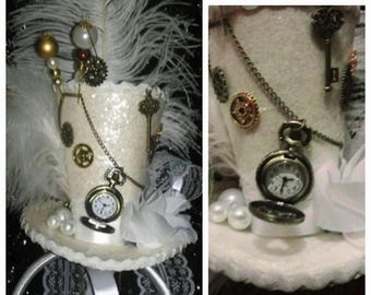 Steampunk Wedding White Mini Top Hat Pocket Watch Clock Wheels Key Pearls Rose Mad Hatter Tea Party Cosplay Festivals