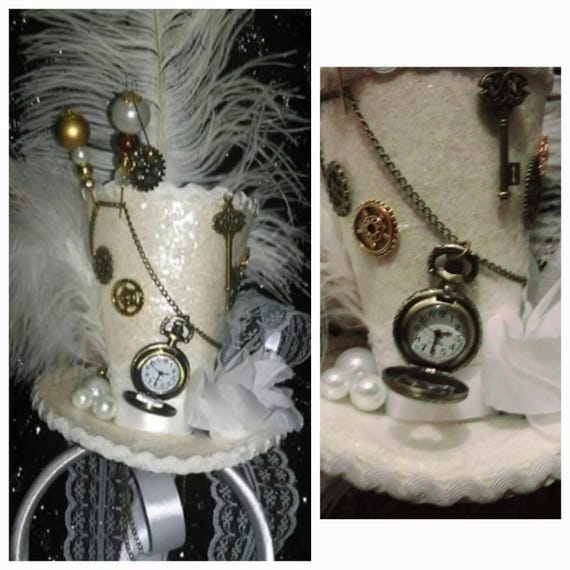 Steampunk Wedding White Mini Top Hat Pocket Watch Clock Wheels Key Pearls Rose Mad Hatter Tea Party Cosplay Festivals
