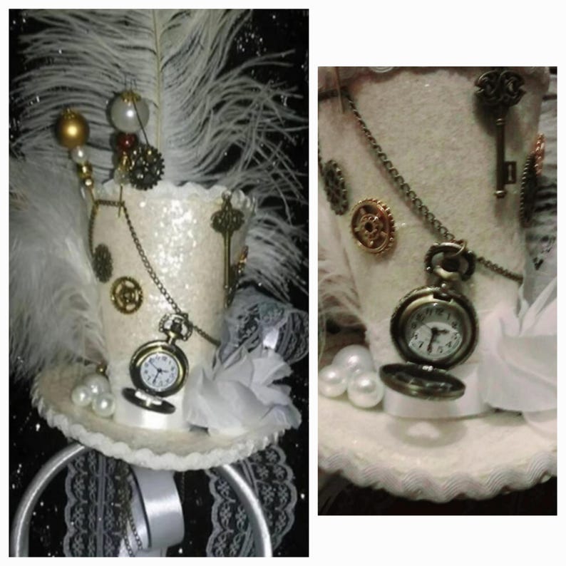 Reloj de bolsillo Steampunk con mini sombrero de copa blanco, ruedas, llave, perlas, rosa, Sombrerero Loco, fiesta de té, cosplay, festivales. imagen 1