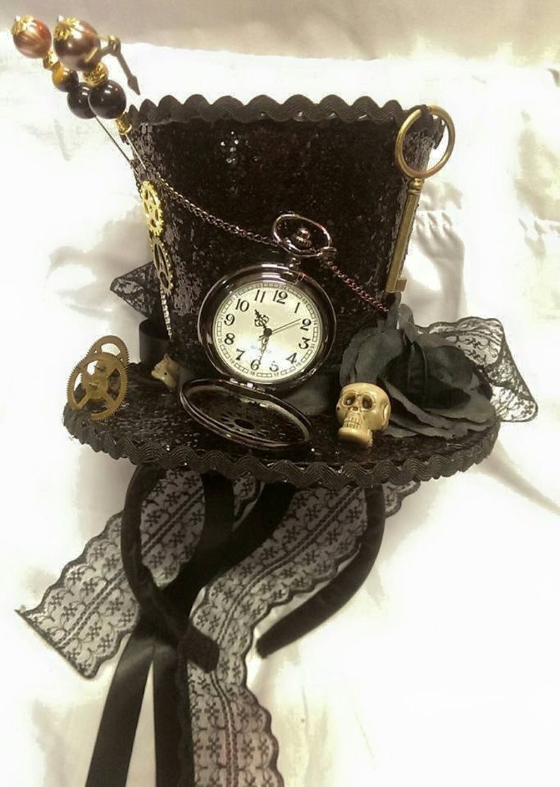 Steampunk Time Halloween Gothic Cosplay Black Mini Top Hat Real Pocket Watch Clocks Wheels Keys Skulls Rose Alice Through The Looking Glass image 1