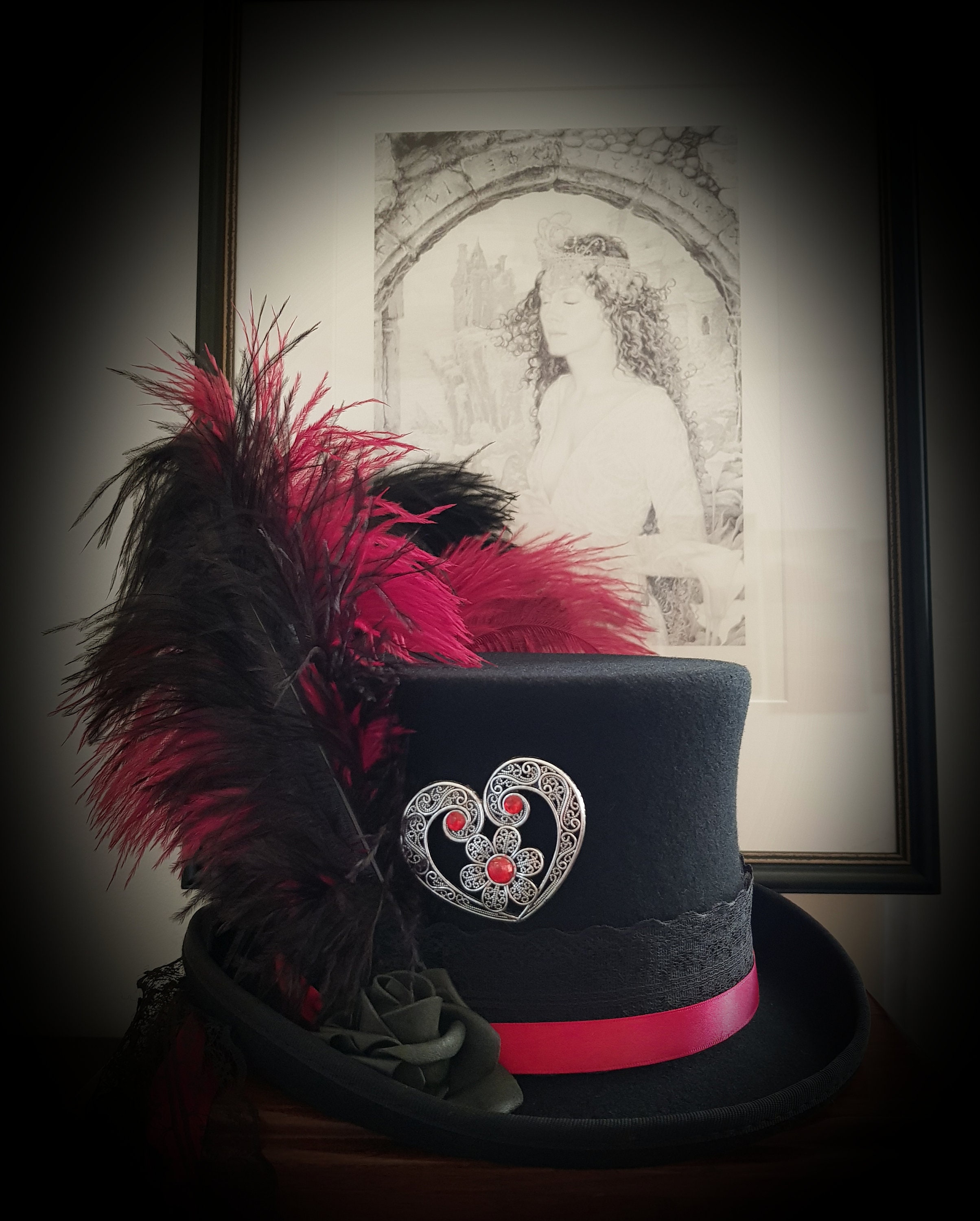 Stevie Nicks Inspired Top Hat 100% Wool Black Red WILD HEART