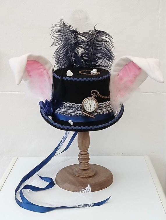 White Rabbit Black Top Hat 100% Wool Alice in Wonderland 