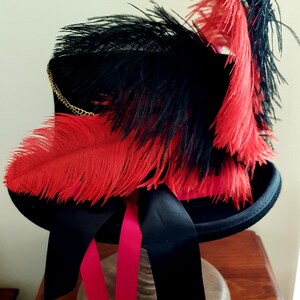 May include: A black top hat with a red and black feather plume. The hat has a black ribbon and two long red ribbons hanging down.