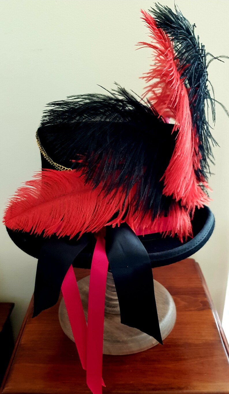 May include: A black top hat with a red and black feather plume. The hat has a black ribbon and two long red ribbons hanging down.