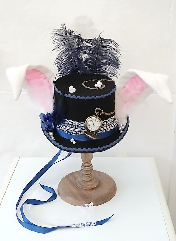 White Rabbit Black Top Hat 100% Wool Alice in Wonderland 