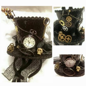 Puede incluir: Sombrero de copa negro con temática steampunk, adornado con engranajes, un reloj de bolsillo y una calavera pequeña. El sombrero presenta un borde festoneado y está adornado con encaje y una llave. Un accesorio único para cosplay o eventos temáticos.