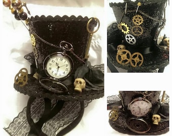 Steampunk Time Halloween Gothic Cosplay Black Mini Top Hat Real Pocket Watch Clocks Wheels Keys Skulls Rose Alice Through The Looking Glass