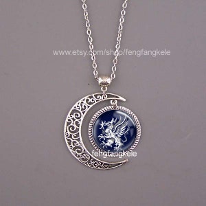 Blue Dragon symbol Necklace Dragon age jewelry Moon pendant custom picture Fan gift Holiday party Christmas Unisex jewelry cool