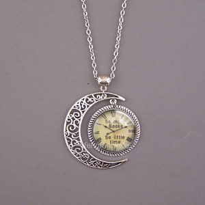 Clock image necklace Moon Pendant So Many Books So Little time  Necklace Old Clock Jewelry Picture Necklace do not waste time Student gift