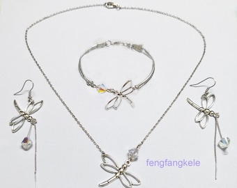 Silver Dragonfly Jewelry Set, Crystal Bead Bracelet Necklace Earrings
