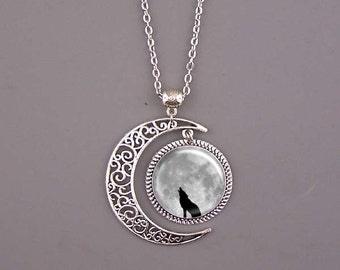 Wolf Necklace,Wolf jewelry,Wolf pendant,dark clouds Pendant,moon necklace,custom picture art pendant