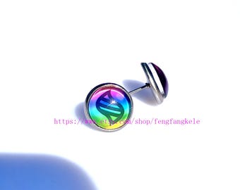 Rainbow Stud Earrings Colorful Mega Evolution Stone Jewelry Glass Dome Post art Friendship gift for girl boy best friend Unisex student 12MM
