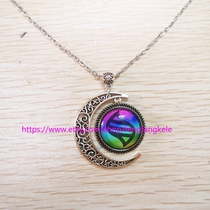 Op de afbeelding: Een zilveren halve maan ketting met een regenboogkleurige glazen hanger met een zwart-wit symbool. De hanger is bevestigd aan de halve maan met een zilveren ring.