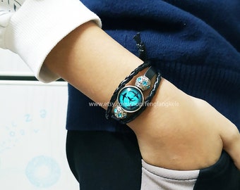 Green Circling Sharks bracelet whale jewelry blue ocean Handmade custom picture gift Black dark brown braided leather customized