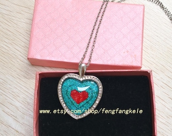 Blue Turquoise Zelda Piece of Heart Necklace Pendant with Rhinestone Jewelry Gift for friends Unisex Student Women Man Girl Boy Children