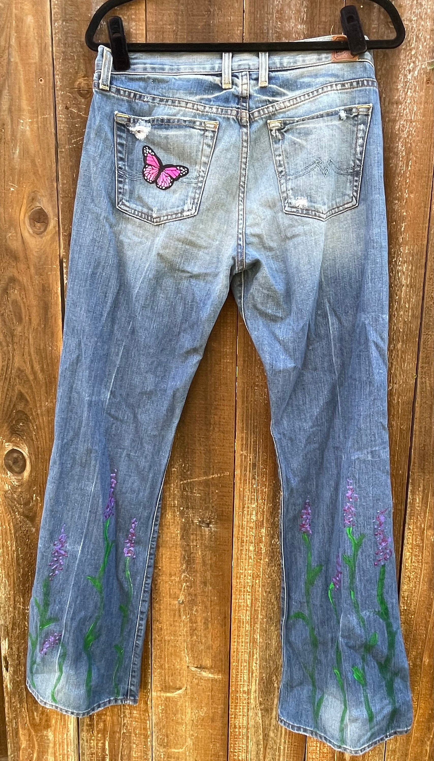 ◆THE MUSEUM VISITOR◆ HAND PAINTED DENIM PANTS YELLOW 10317 Blue Jeans With Yellow Distress - Etsy