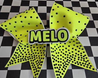 Custom Cheer Bow – Neon Yellow Black Rhinestone, Personalized Team or Cheerleader Name