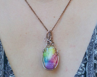 Rainbow Dyed Quartz Pendant - colorful gemstone necklace - wire wrapped jewelry - copper jewelry - pride jewelry - wiccan jewelry