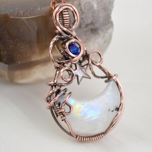 Crescent Moonstone Pendant - wirewrapped jewelry - star and moon pendant - gothic jewelry - gift for her - valentines day gift