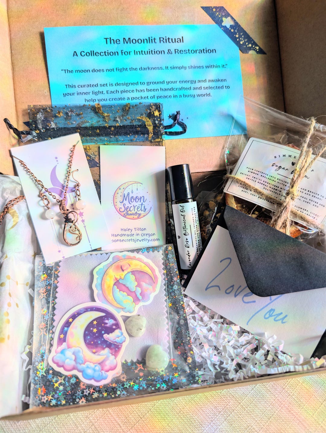 Moonlit Ritual Gift Box: Moonstone Jewelry Set, Botanical Lavender Rose ...