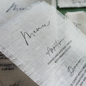 Menù in tessuto, Menù in tessuto per matrimonio, Mangiamo, Menù moderno, Matrimonio rustico, Menù stampati su cotone, Cotone, menù stampati su tessuto, minimal