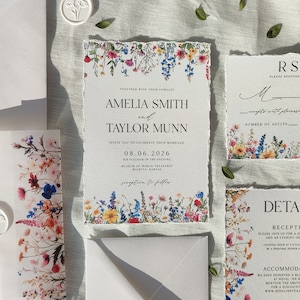 Wildflower Wedding Invitation, Printed Invitations, Wax seal, Hand torn edges, Wedding invitation, hand torn edges
