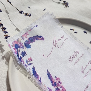 Menu en tissu lavande, menus en coton, menus en tissu pour mariage, menu moderne, menus imprimés sur du coton, menus en coton imprimés sur tissu, lavande