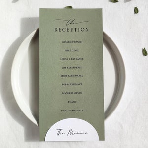 Programa de boda verde salvia con tarjetas de nombre, tarjetas de lugar en arco, programa minimalista, programa de ceremonia con tarjetas de lugar, programa verde, programas impresos
