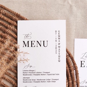 Menu di nozze stampato Menu semplice con segnaposto Menu di nozze minimale Menu di nozze moderno Menu di nozze in bianco e nero Menu minimali con biglietto
