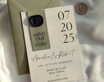 Sage Green Save the Date: Wax Seal, Modern Minimalist Design
