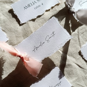 Hand torn Place Cards, white place cards, Wedding Escort Cards, Ribbon, Elegant Name Card, Wedding Place Card, faux deckled edge cards