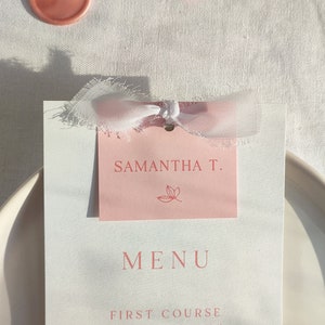 Menu de casamento rosa, cartões de lugar rosa pêssego incluídos, menu elegante, menu de casamento, impresso, menu de casamento com cartão de visita, texturizado, menu de fita