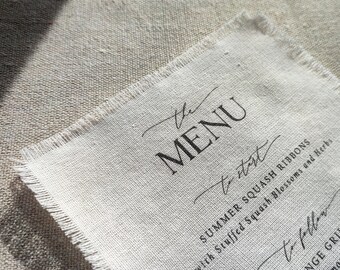 Fabric Menu, Wedding fabric menus, White Cotton, Modern menu, Rustic wedding, Menus printed on cotton, Cotton, fabric printed menus