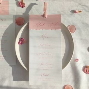 Trouwmenu, perzikroze plaatskaarten inbegrepen, elegant menu, trouwmenu, gedrukt, naamkaartje trouwmenu, gestructureerd, lintmenu